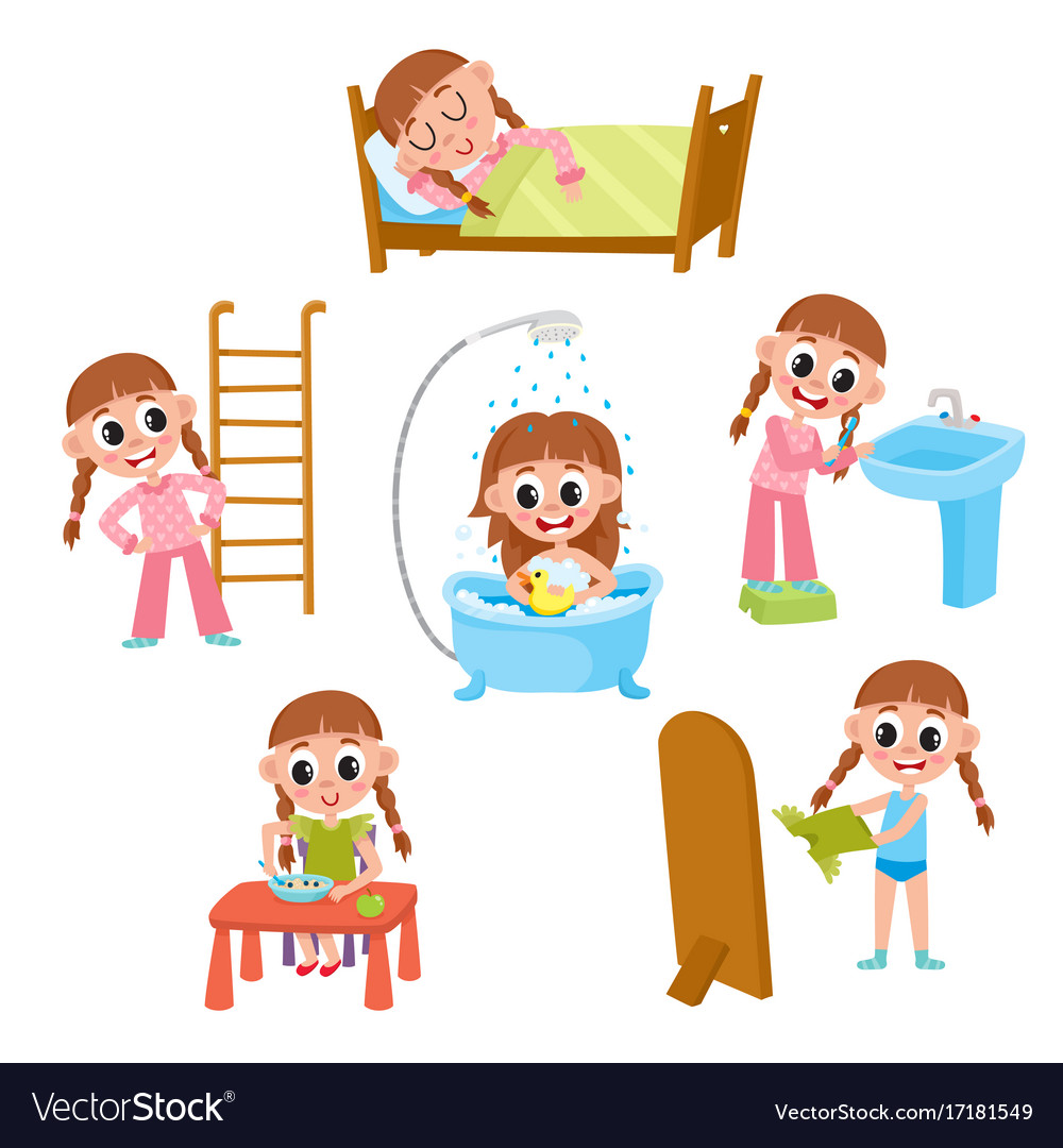 Daily morning routine set cartoon little girl Vector Image