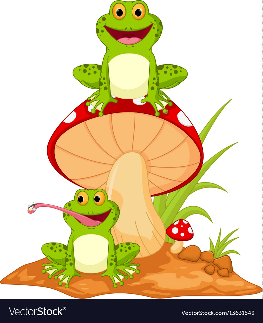 Happy frog cartoon sitting on mushroom