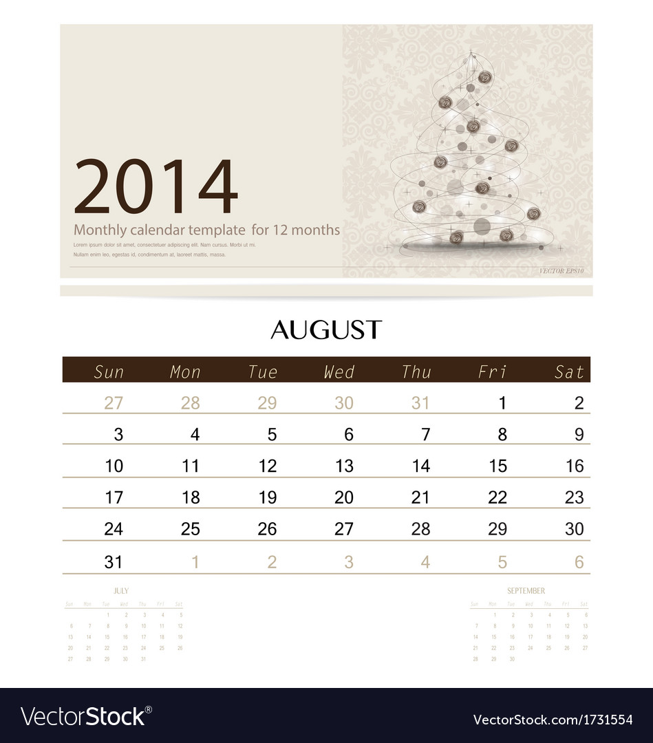 2014 calendar monthly template for august vector image