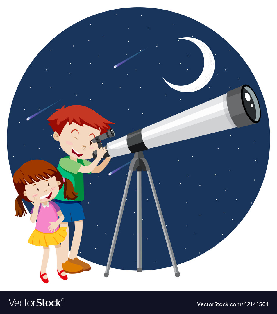 Happy kids observe night sky with telescope Vector Image