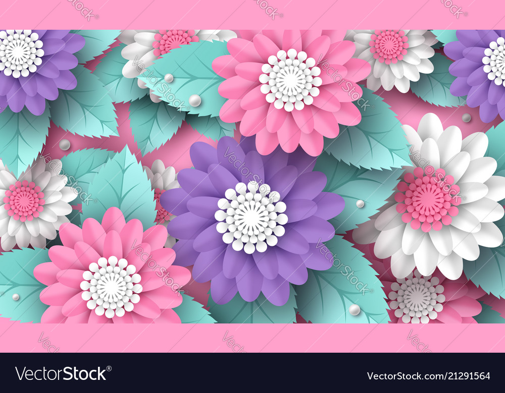 Horizontal paper cut 3d flowers background in pink