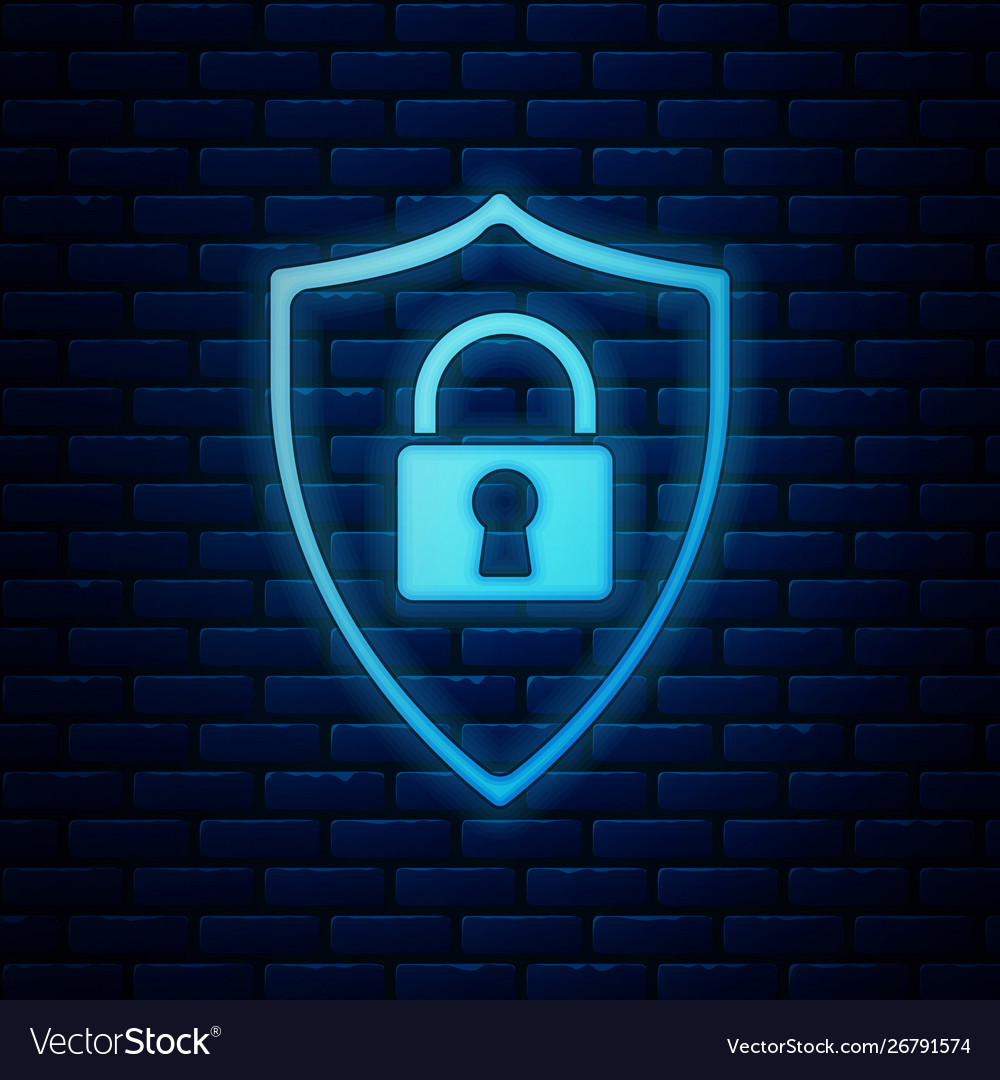 Glowing neon shield security with lock icon Vector Image