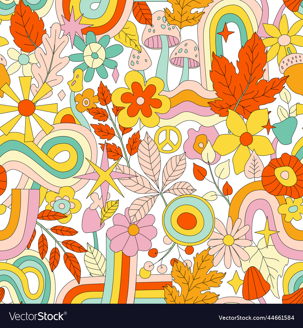 Groovy retro pattern with daisy flower and star in trendy 60s 70