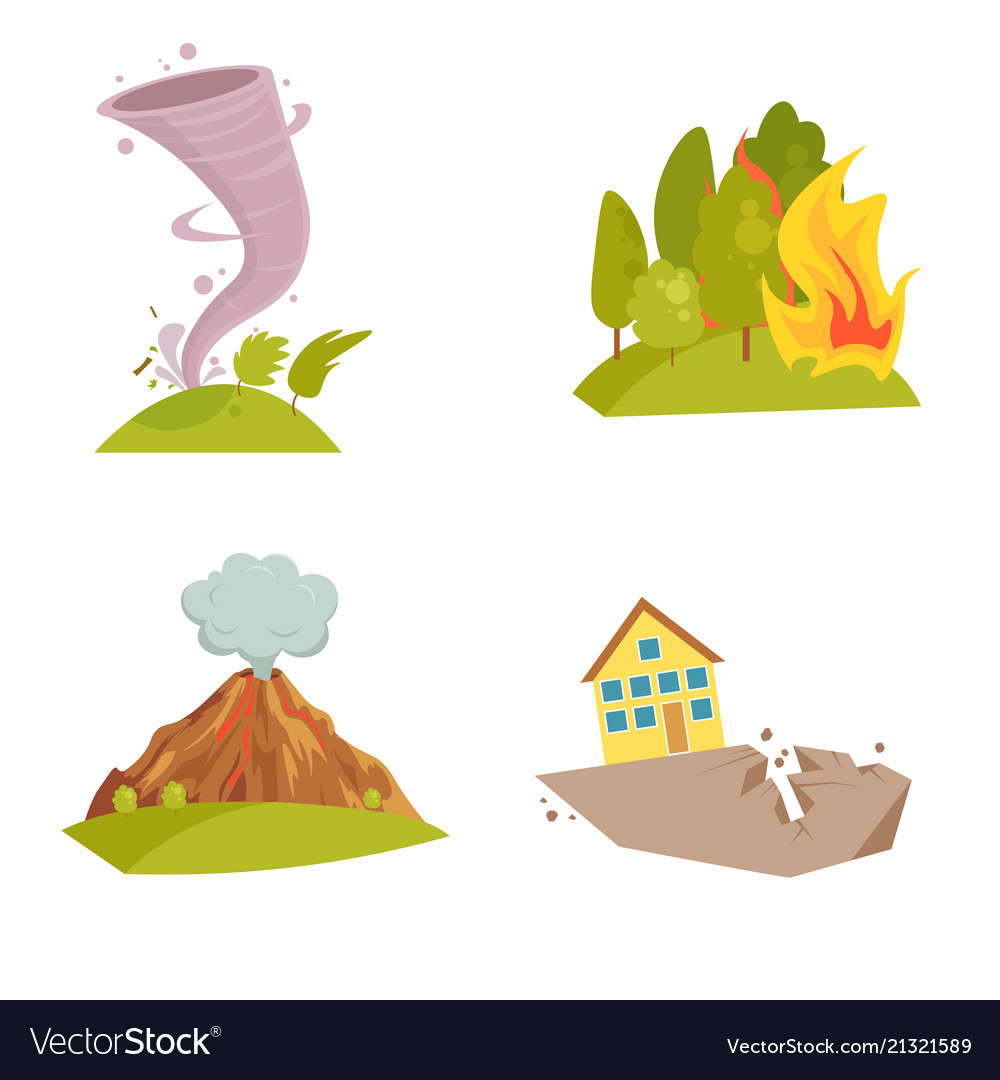 Natural cataclysm icons set tsunami wave tornado Vector Image