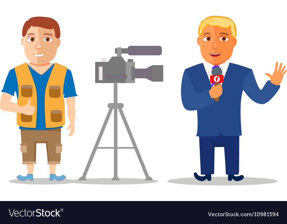 Cartoon characters reporter with cameraman Vector Image