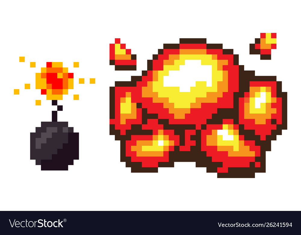 Explosion bomb with fire pixelated icons set