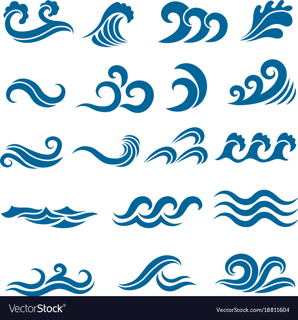 Big set stylized ocean waves colored Royalty Free Vector