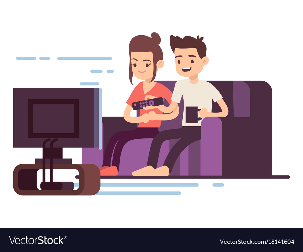 happy young couple watch tv royalty free vector image