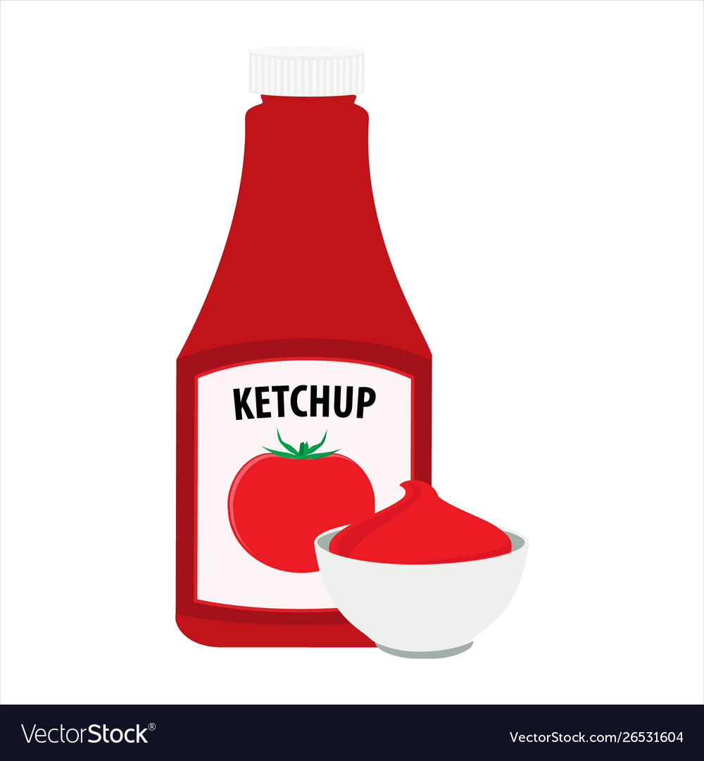 Ketchup bottle and tomato in a bowl Royalty Free Vector