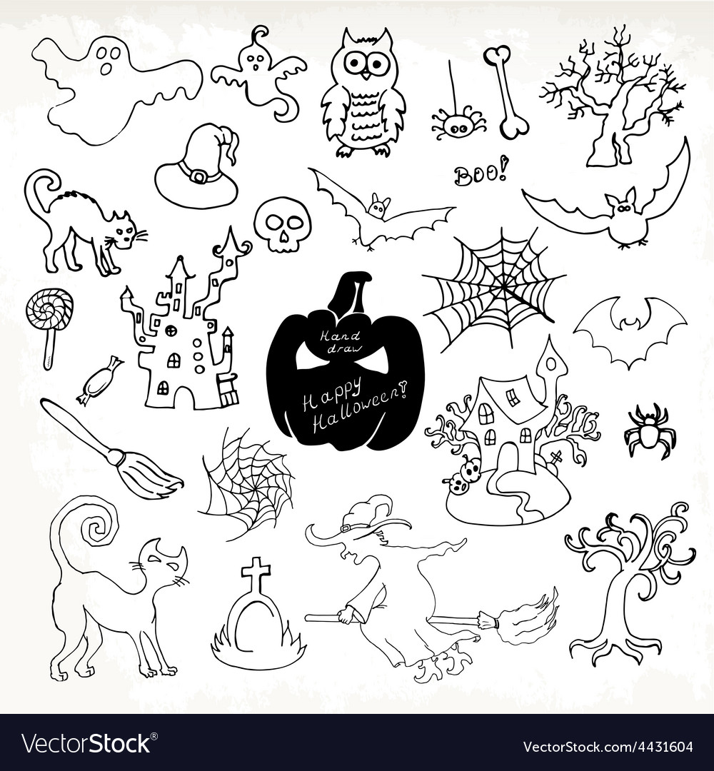 Premium Vector, Set doodle drawing hand drawn halloween black and white