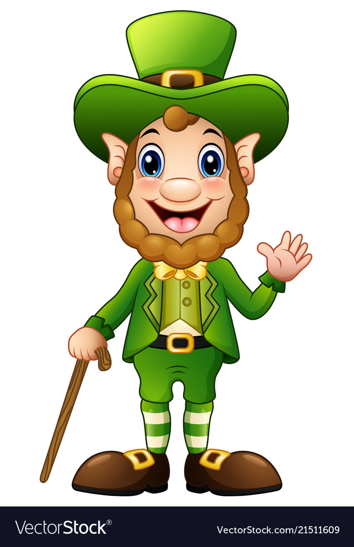 Cartoon leprechaun waving hand with holding a stic