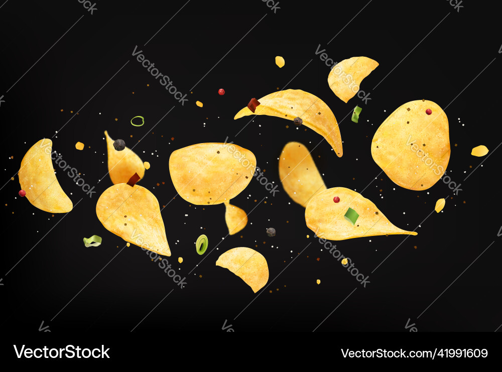 Flying crispy wavy potato chips with onion spices Vector Image