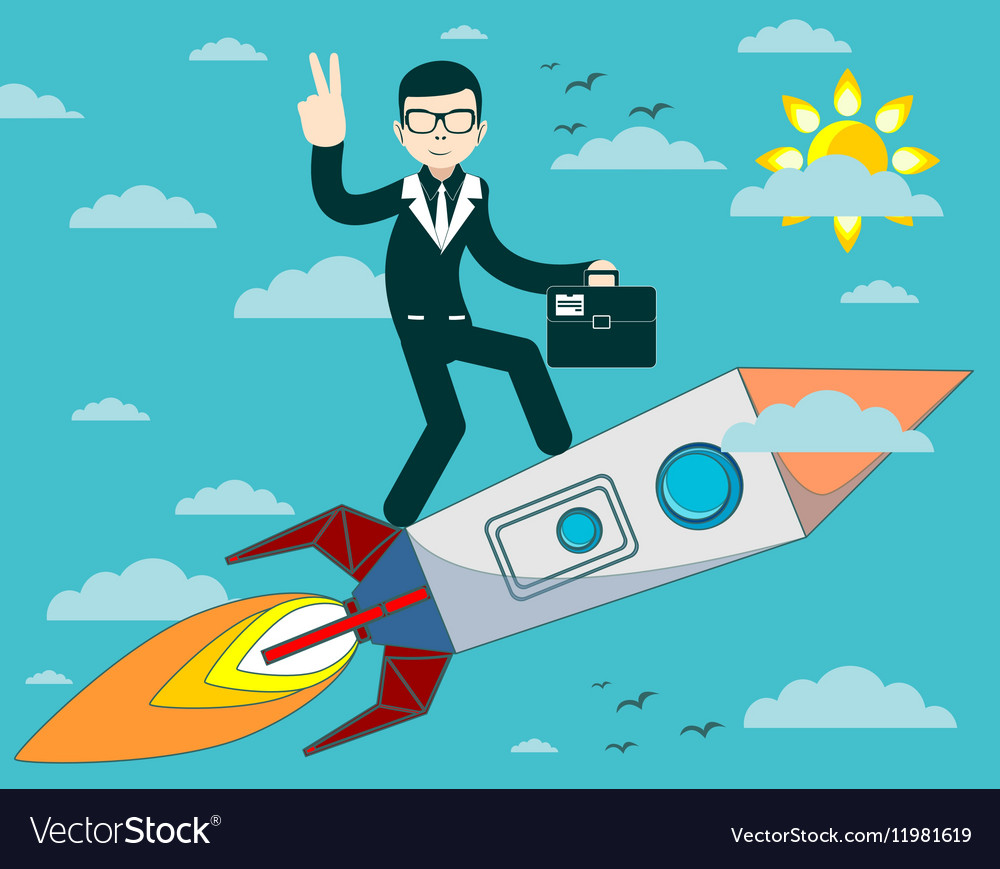 Businessman flying on a rocket in blue sky Vector Image