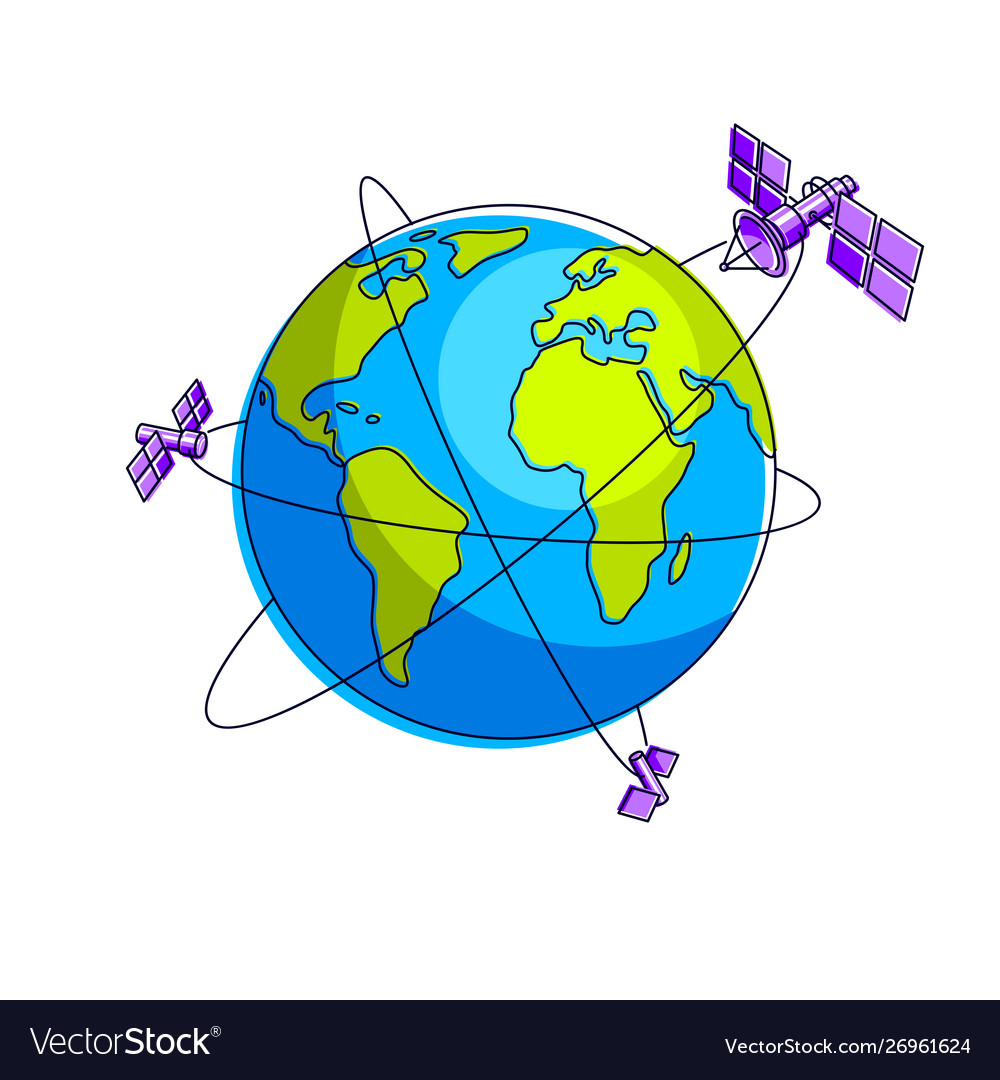 Global communication technology satellites flying Vector Image