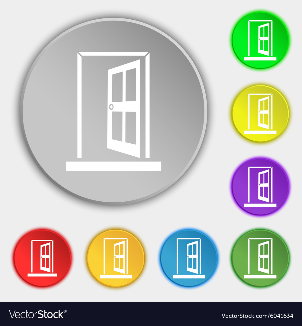 Door enter or exit icon sign symbols on eight flat