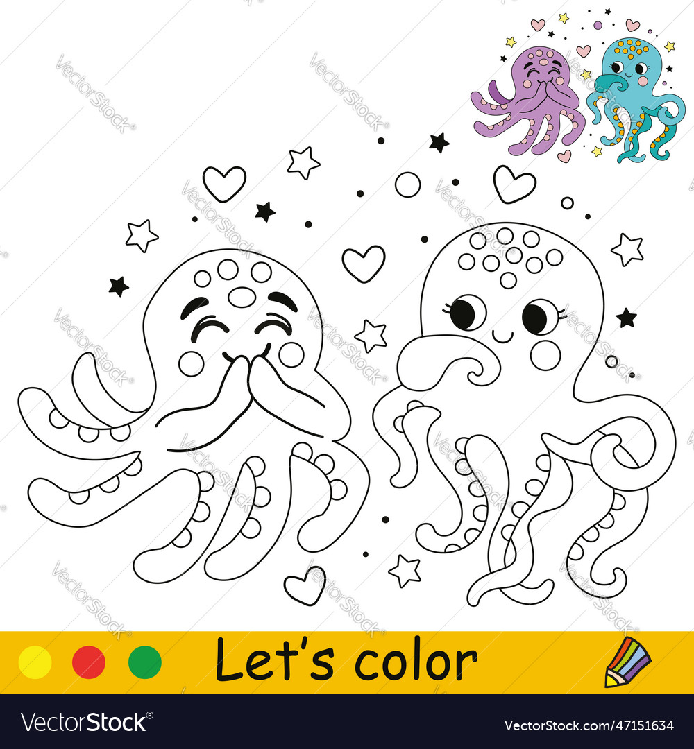 Kids coloring cute happy two octopuses Royalty Free Vector