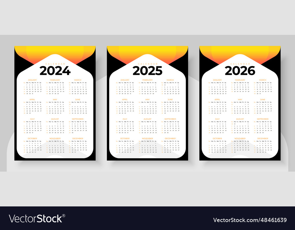 2024 2025 and 2026 calendar set week start Vector Image