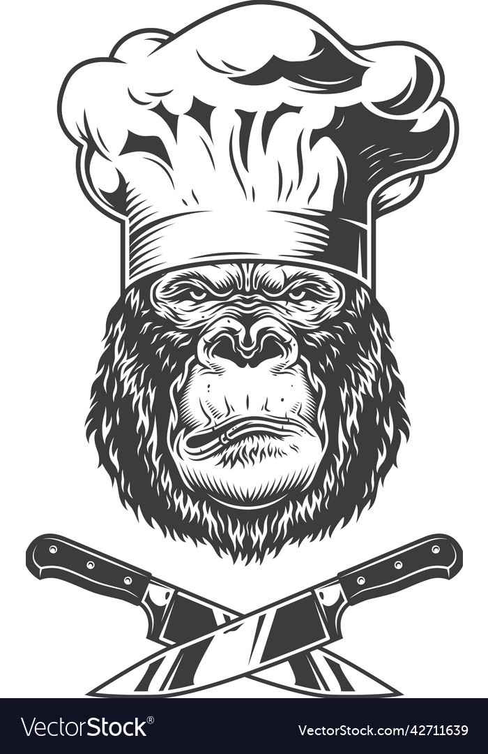 Serious gorilla head in chef hat Royalty Free Vector Image