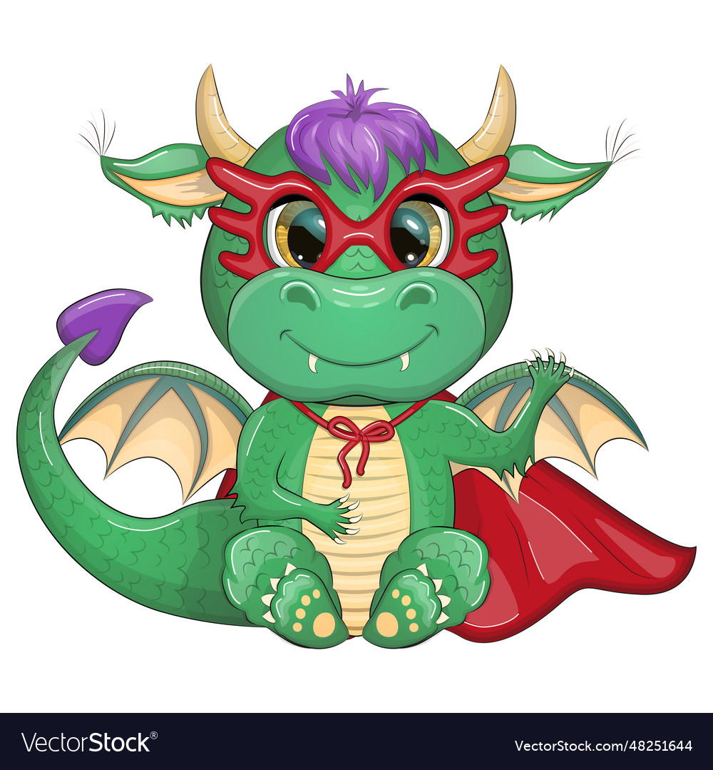 Cute cartoon green baby dragon in a red cape Vector Image