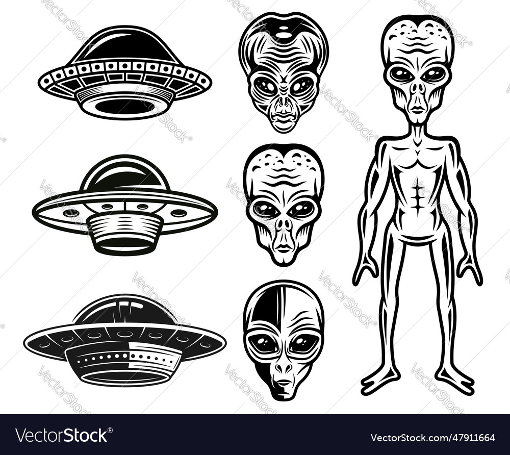 Aliens and ufo set of objects or graphic Vector Image