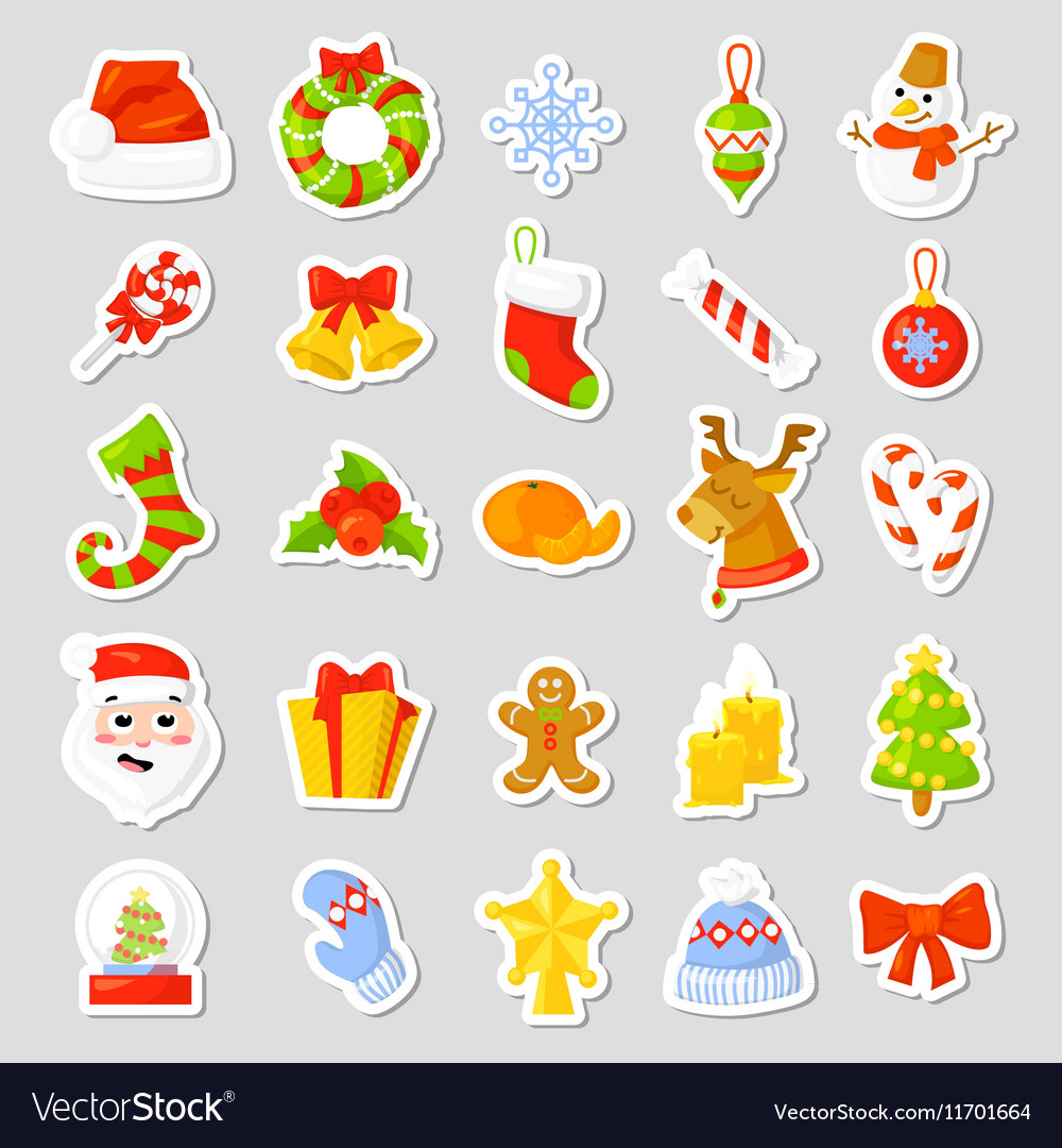 Christmas stickers set collection cartoon Vector Image