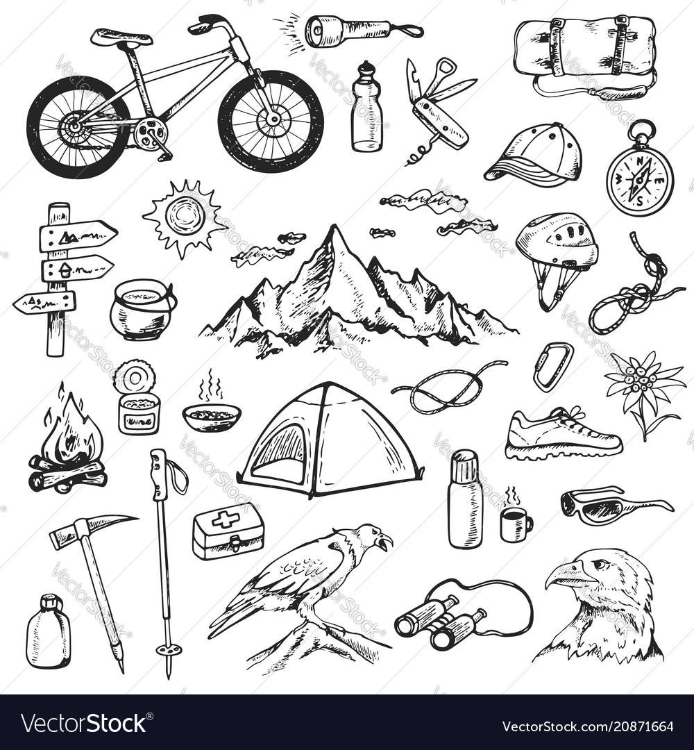 Set of mountain camping icons vector image Set of mountain camping icons