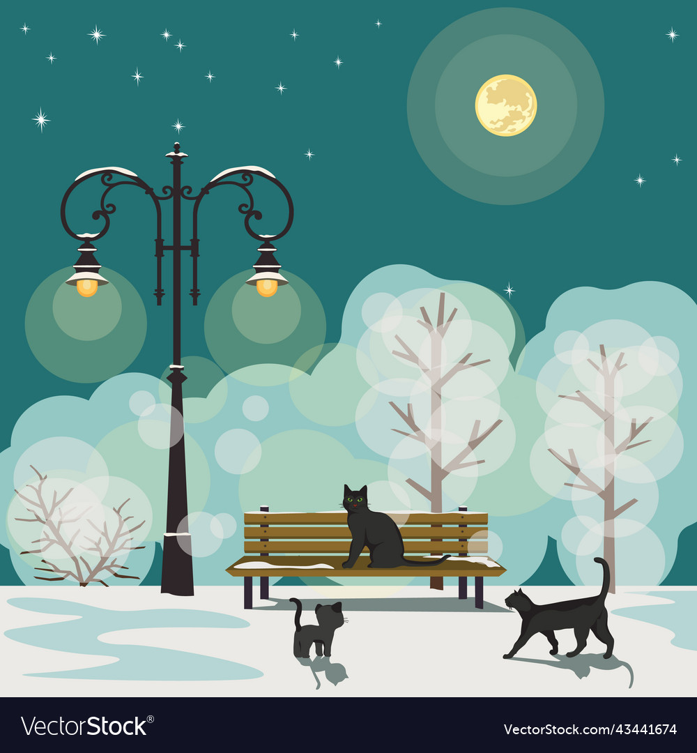 Winter city park and family of cats Royalty Free Vector