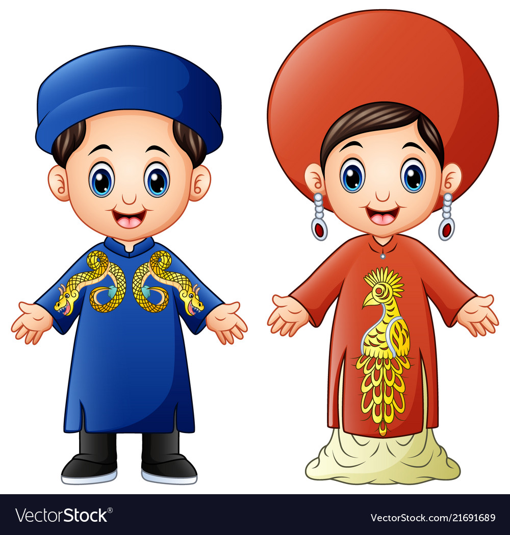 Cartoon Vietnam Couple Wearing Traditional Costume