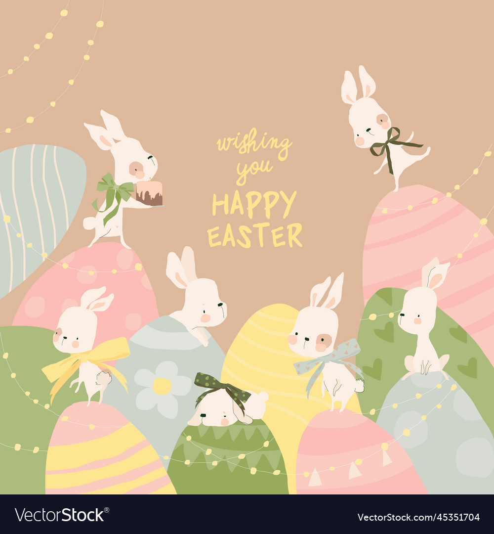 Happy easter greeting card with cute white bunnies