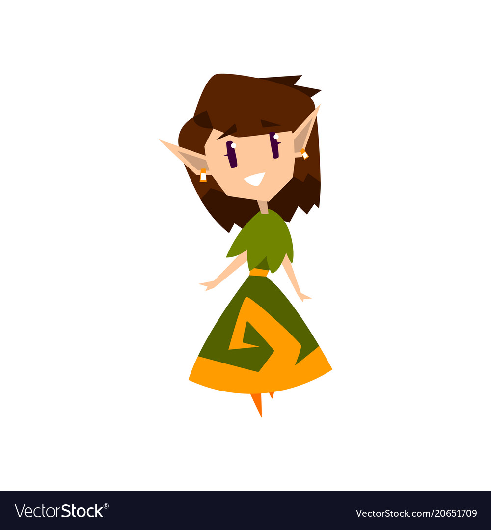 Forest Elf Girl In Green Dress Cute Fairytale Vector Image