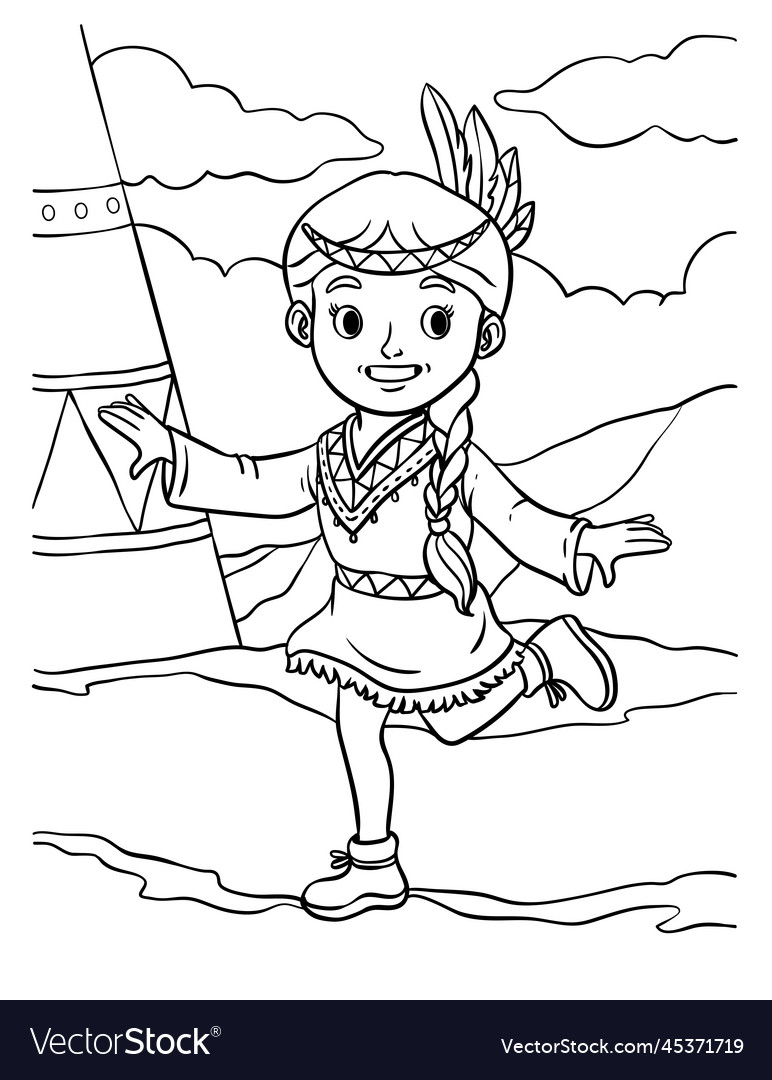 Native american indian girl dancing coloring page Vector Image