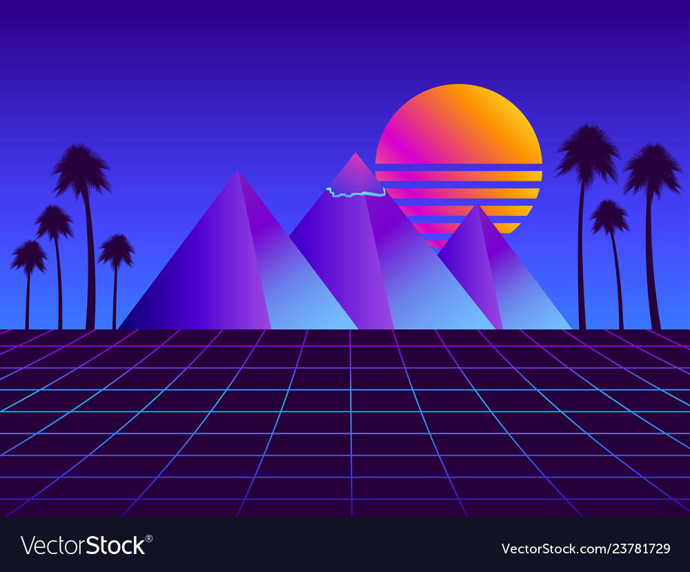 Retro futurism pyramids with palm trees Royalty Free Vector