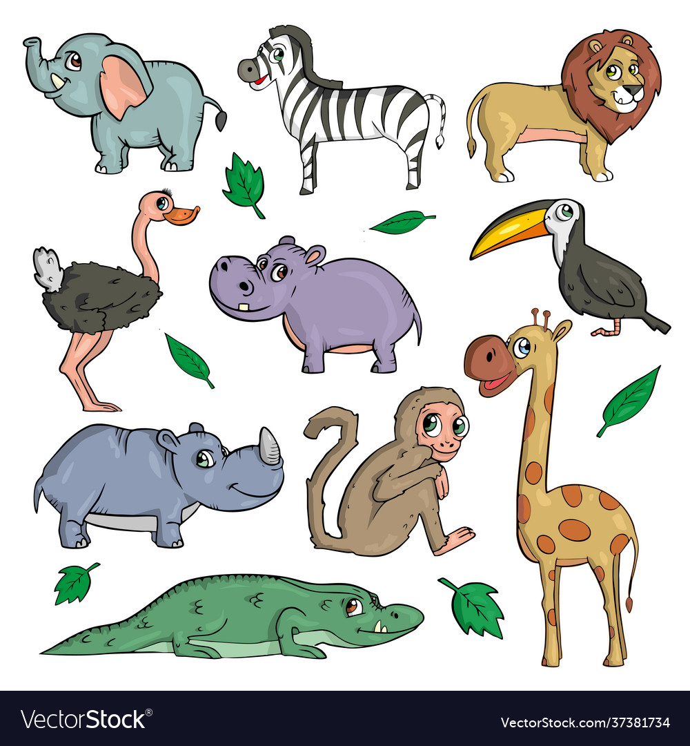 African animals on white background cute cartoon