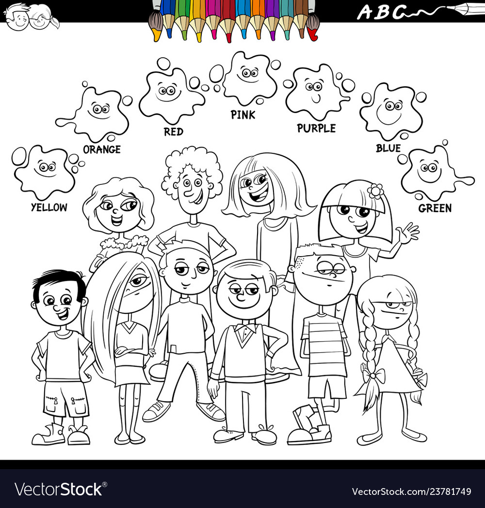 Basic colors coloring book with kids Royalty Free Vector