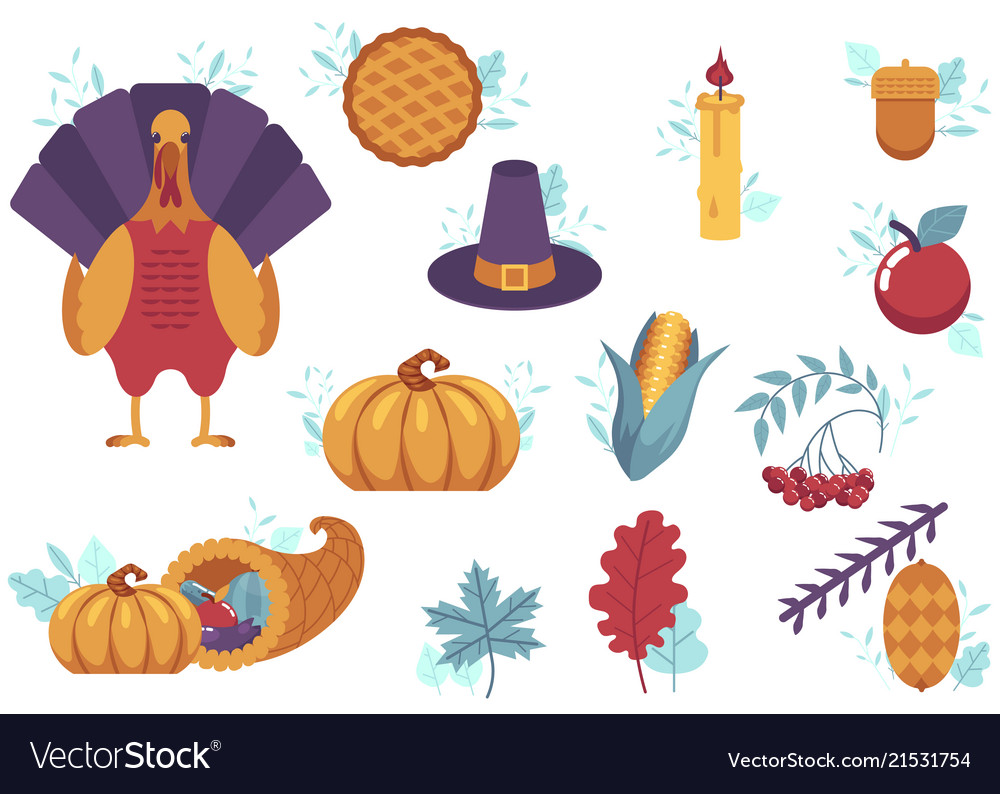 Set of flat thanksgiving symbols isolated