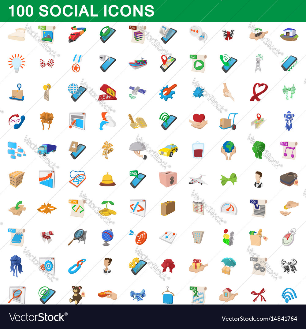 100 social icons set cartoon style Royalty Free Vector Image