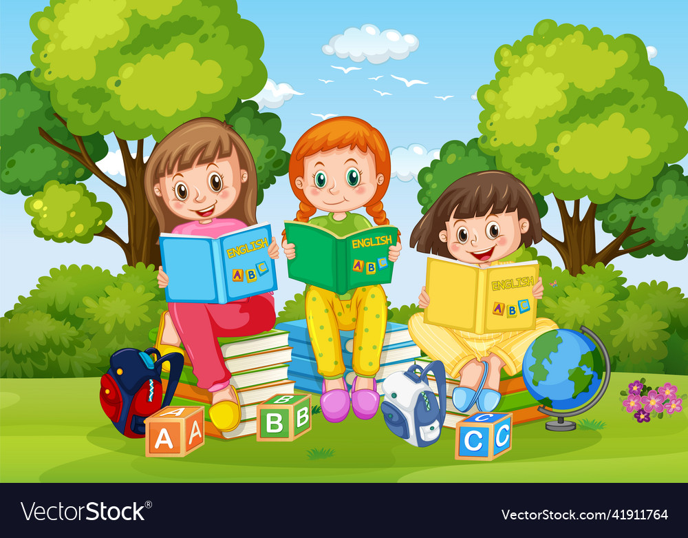 Children reading books in park background Vector Image