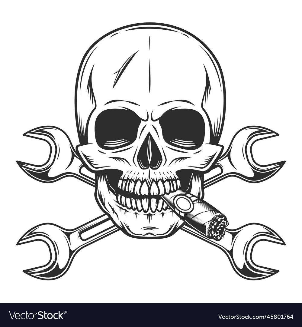 Skull smoking cigar or cigarette with wrench Vector Image