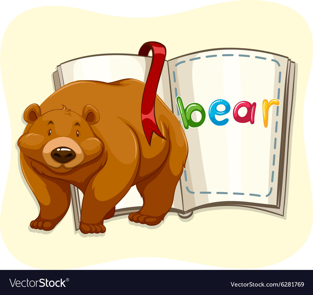 Brown bear standing by a book