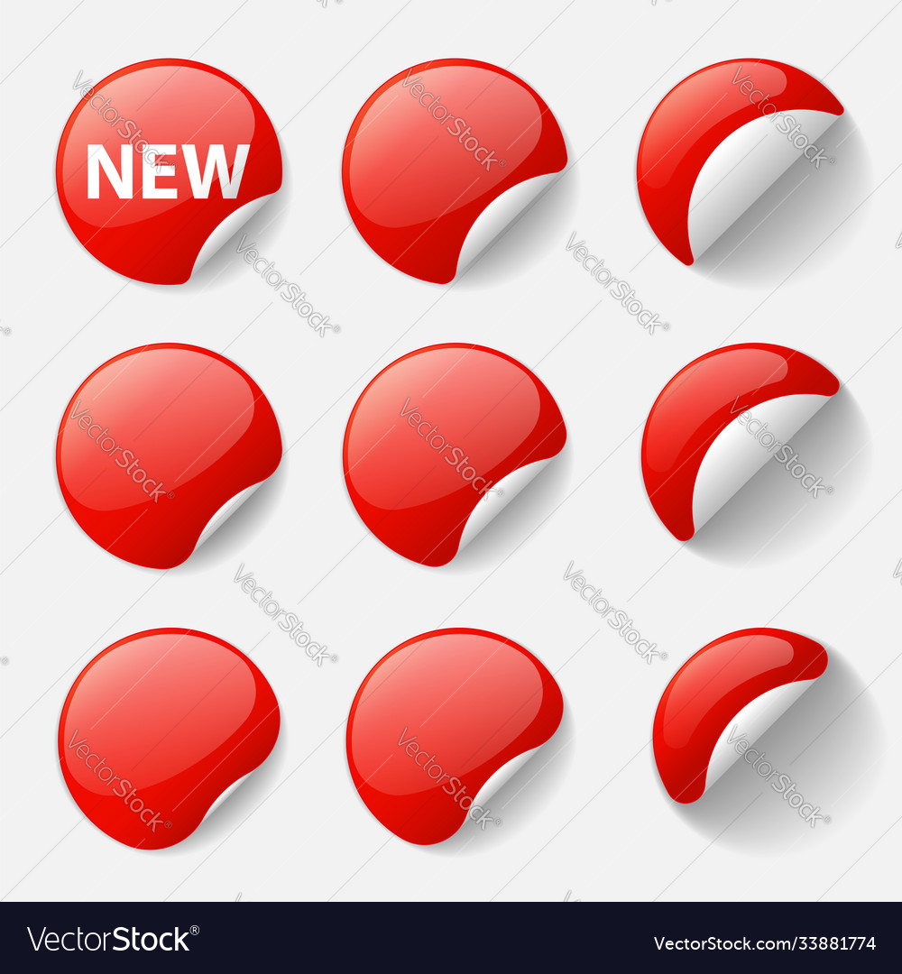 Set round glossy red stickers with curled