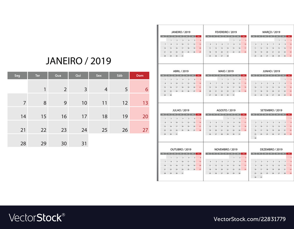 Calendar 2019 week start on monday Royalty Free Vector Image