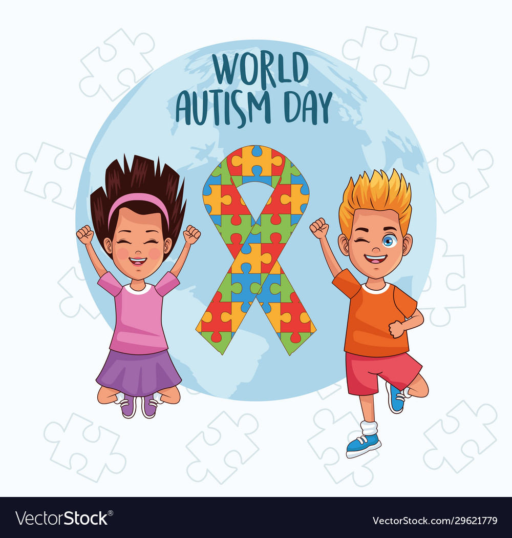 World autism day kids with planet and ribbon Vector Image