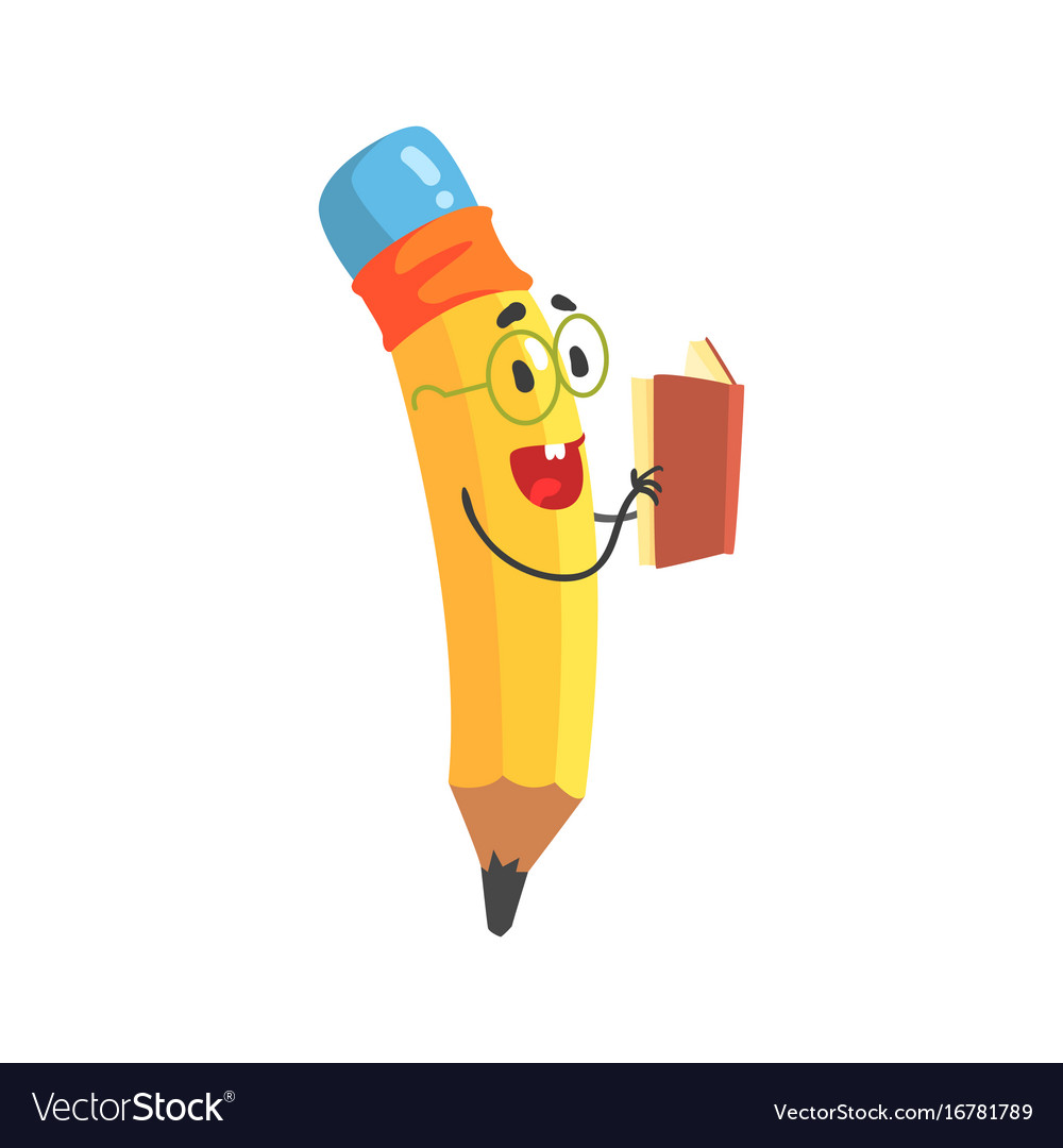 Cute cartoon yellow pencil character reading Vector Image