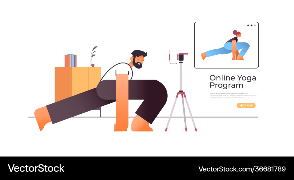 Young man doing stretching exercises while Vector Image