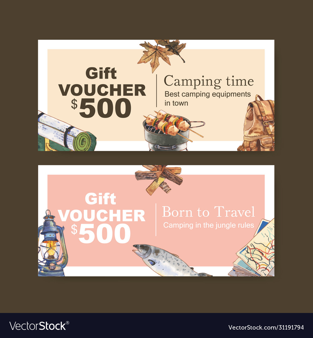 Camping voucher design with backpack firewood map