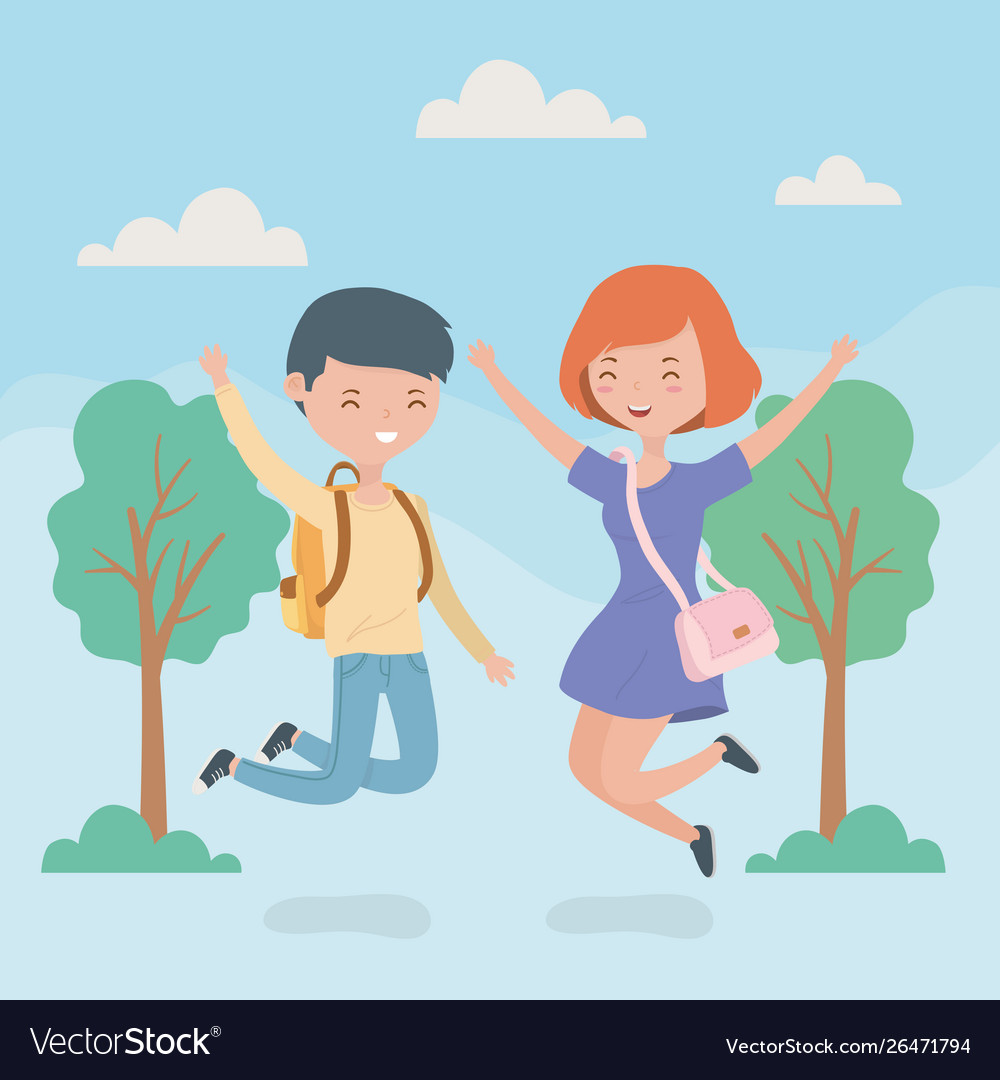 Happy couple celebrating jumping in forest Vector Image