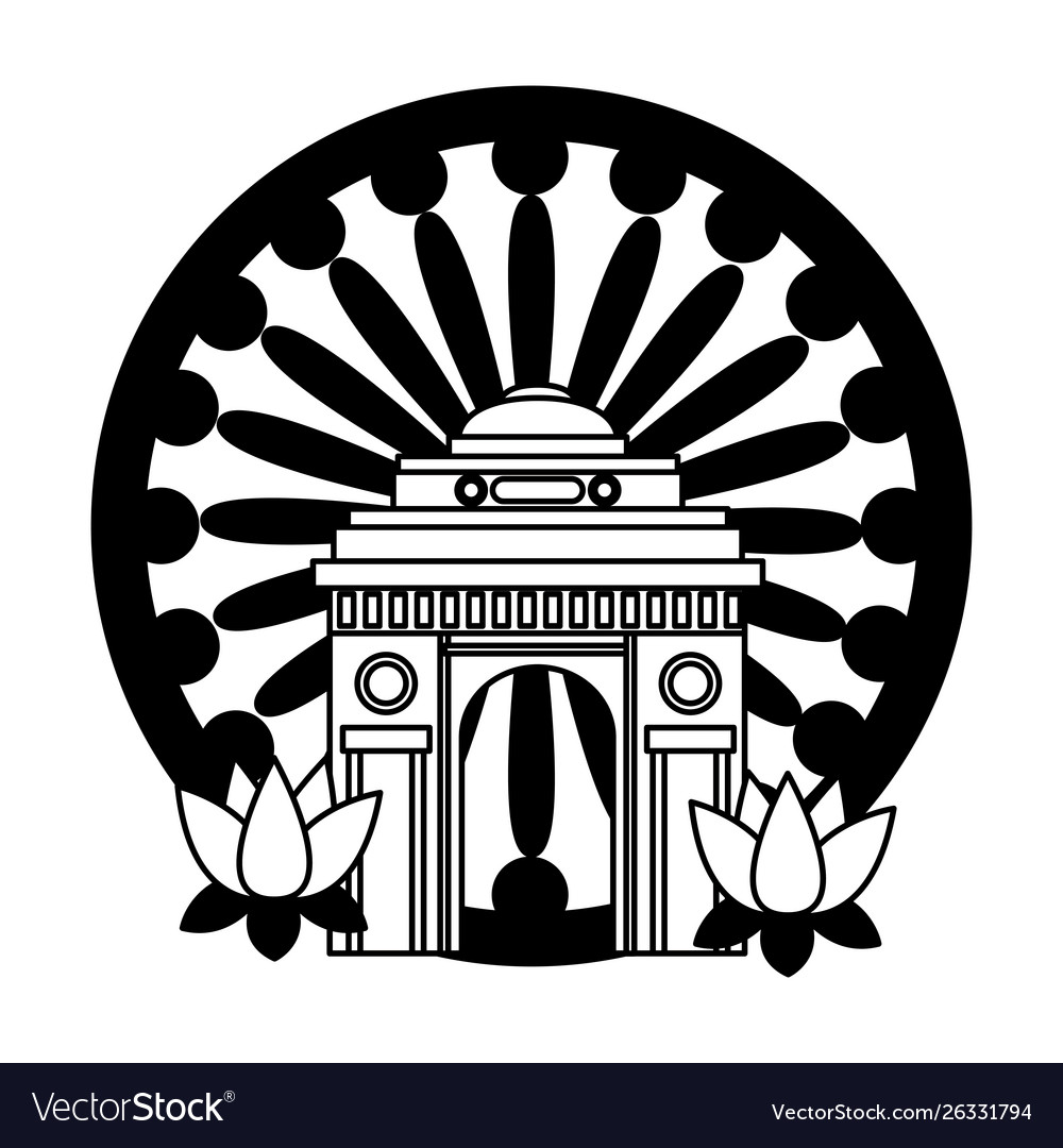 Indian gateway with ashoka chakra and lotus Vector Image
