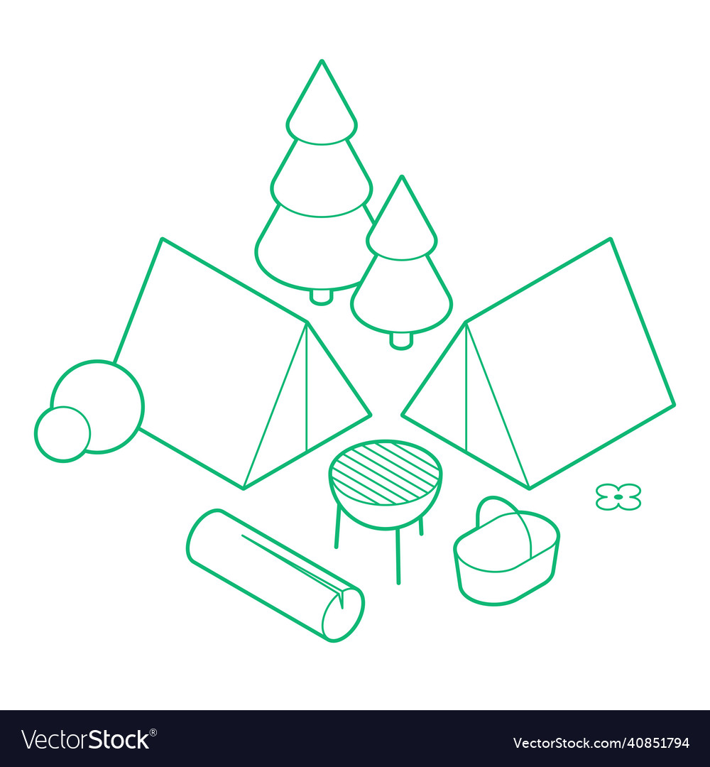 Isometric camping outline Royalty Free Vector Image