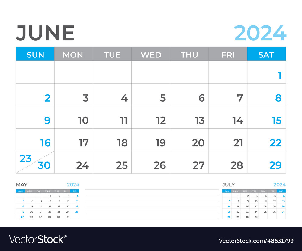 June 2024 page calendar template Royalty Free Vector Image