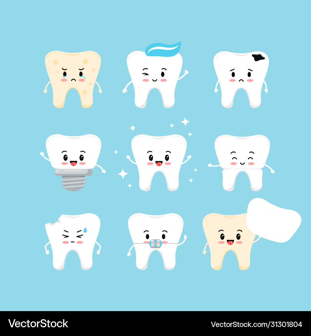 Cute teeth emoji dental icon set Royalty Free Vector Image